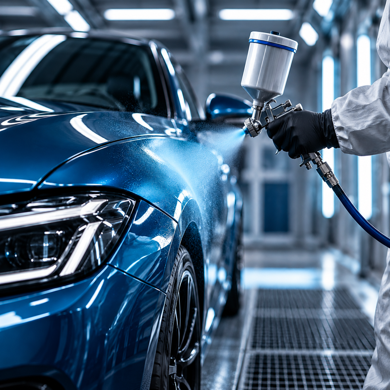 metallic blue car in spray booth