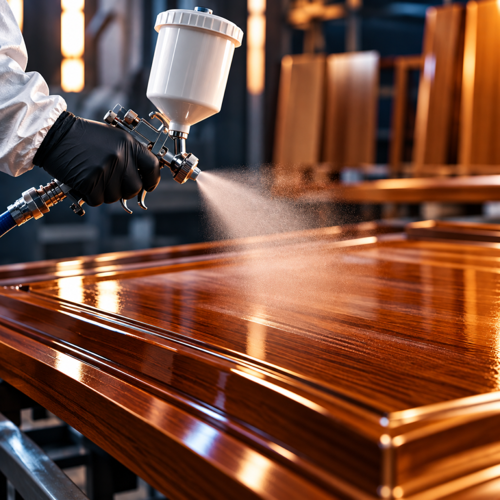 spray finishing a glossy wood panel